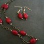 Handmade Genuine Ruby Oval Beads on Brass Chain and Earrings Set
