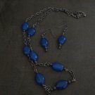 Handmade Genuine Sapphire Oval Beads on Steel Chain and Earrings Set