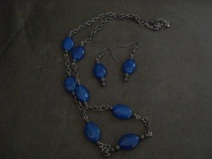 Handmade Genuine Sapphire Oval Beads on Steel Chain and Earrings Set
