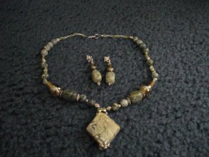 Handmade Natural Green Turquoise with Lampwork Beads and Earrings Set