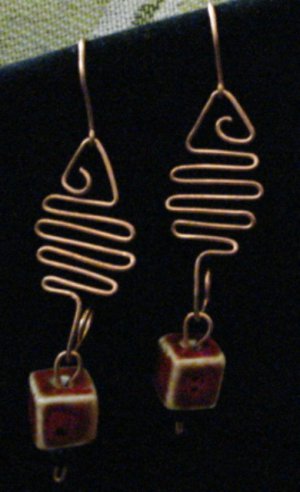 Hand forged Copper Wire Earrings with Ceramic Cubed Beads and Onyx