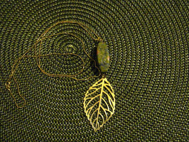 Handmade Genuine Unakite Carved Scarab with Gold Filled Leaf Necklace