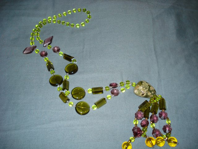 Glass Green, Lavender, Yellow Beads and Natural Stone Pendant Necklace