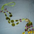 Glass Green, Lavender, Yellow Beads and Natural Stone Pendant Necklace