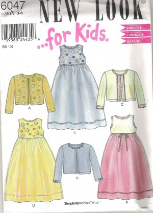 New Look  6047 Pattern Girls Lined Empire Waist Long Dress and Sweater Uncut Size 3-8