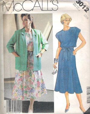 1987 McCalls 3012 Pattern Unlined Jacke, Dress w/Shoulder Gathers Tie Belt  Size 12 1/2 Uncut
