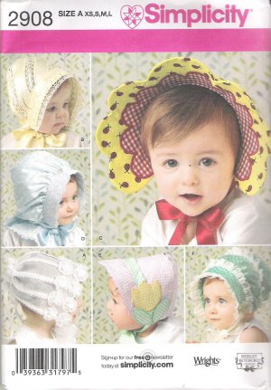 2008 Simplicity 2908 Pattern Babies Infants and Toddlers Hats 6 Styles XS-L Uncut