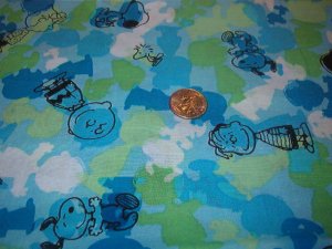 Peanuts Characters in Black on  Blue Green White Soft Cotton Fabric 1 YD x 45" wide