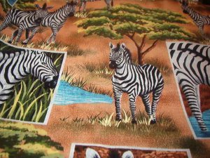 Zebra Safari Collage  Browns Gold Greens Blues Black White Cotton Fabric  38"L x 45"W