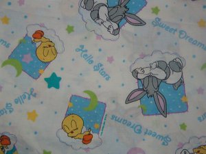 Baby Bugs Tweety "Sweet Dreams" "Hello Stars" Stars, Moon on White Fabric  1 yd 12" x 45" wide
