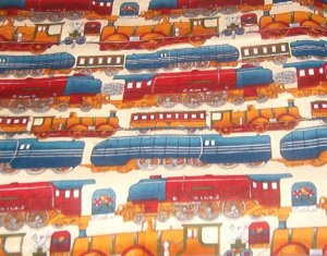 Trains in Blue Red Brown Gold Fabric  22" w x 23" L