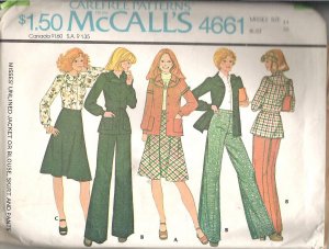 McCalls 4661 (1975) Vintage Pattern Unlined Jacket or Blouse Bias Skirt Pants Size 14  Uncut