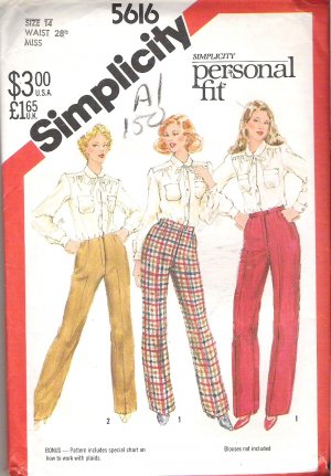 Simplicity 5616 (1982) Pattern Personal Fit Proportioned Pants  Size 14  Uncut