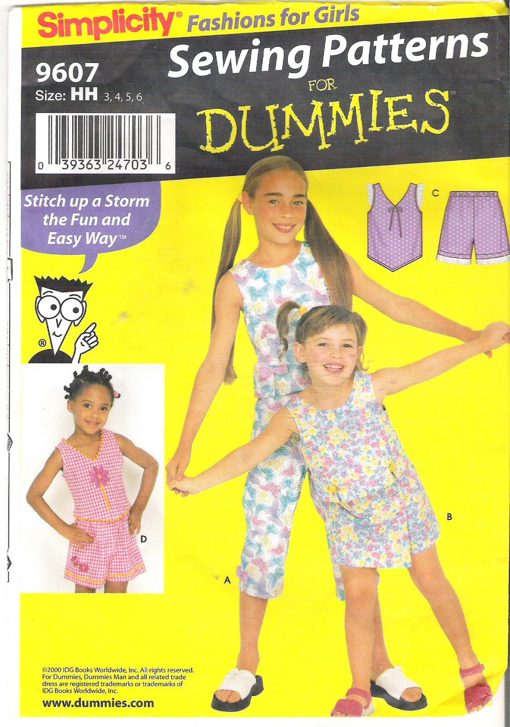 Simplicity 9607 (2001) Sewing Patterns for Dummies Girls Top Shorts