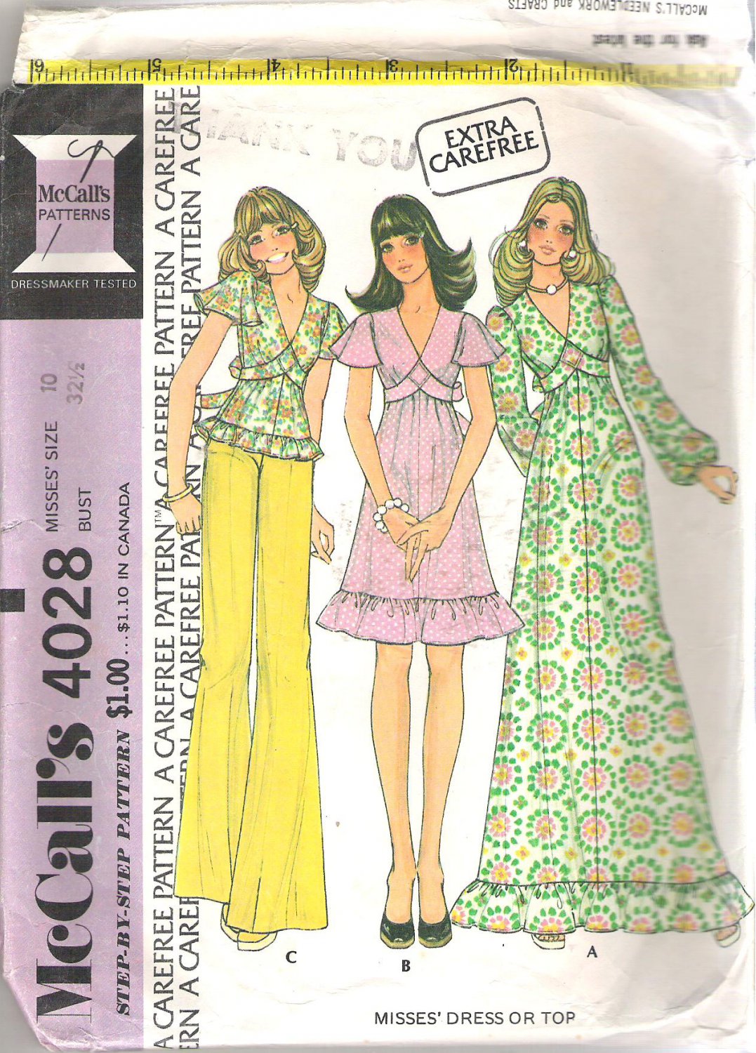 McCalls 4028 (1974) Vintage Pattern Pull-over Dress & Top  Size 10  Cut