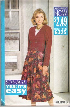Butterick 6325 (1992) Pattern  Double Breasted Jacket Split Skirt  Blouse Size 12-16  Uncut