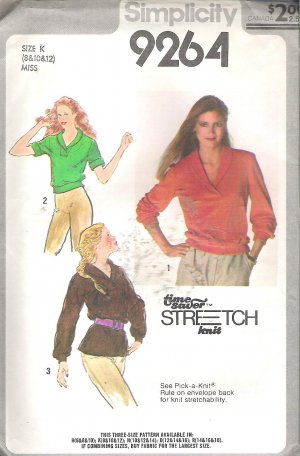 Simplicity 9264 (1979) Vintage Pattern Pullover Knit Top Shawl Collar Size 8-12 Uncut