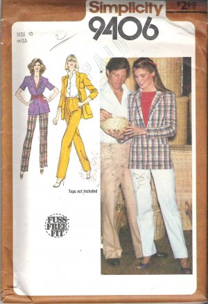 Simplicity 9406 (1980) Vintage Pattern Straight Leg Pants Unlined Jacket Size 10 Uncut