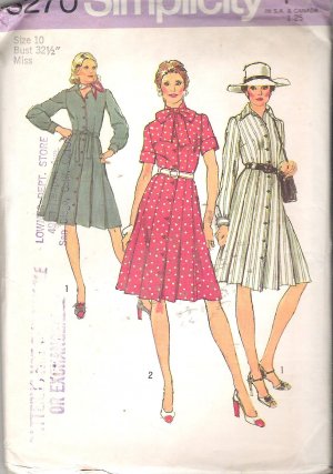 Simplicity 6270 (1974) Button Front Shirt Dress Front Pleats Long Short Sleeves Size 10 Uncut