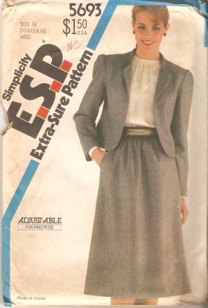 Simplicity 5693 (1982) Skirt Lined Jacket Pattern Adjustable for Petite Size 10-12-14  Uncut