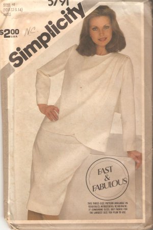 Simplicity 5791 (1982) Straight Skirt Unlined Asymemetrical Wrap Jacket Pattern Size 10-12-14 Uncut