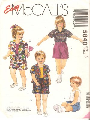 McCalls 5840 (1992) Toddlers Button Front Shirt Tank Top Shorts Pattern Size 3 Uncut