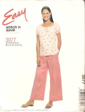 McCalls 3077 (2001) Short Sleeve Peasant Blouse Drawstring Pants Size 16 18 20 22