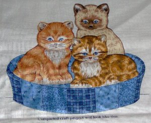 Tabby Siamese Angora Kittens in Country Blue Pattern Basket Cut and Sew Fabric  12 1/2"L x 9"H