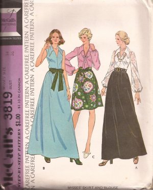 McCalls 3819 (1973) Skirt Pullover Blouse Pointed Collar Scarf Tie Belt Pattern Size 14 UNCUT