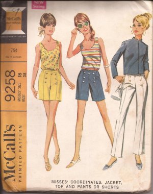 McCalls 9258 (1968) Button Trim Pants Shorts Back Zip Top Front Zip Jacket Pattern Size 16 UNCUT