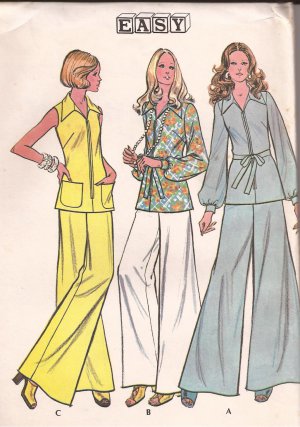 McCalls 3551 (1973) Front Zip Tunic Belt Tie Patch Pockets Bell Bottom Pants Pattern Size 16 UNCUT