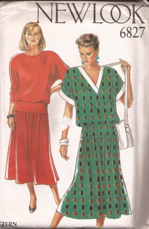 New Look 6827 "V" or Round Neck Drop Waist Raglan Sleeves Dress Pattern Size 8 10 12 1416 18 UNCUT