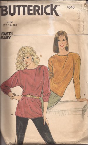 Butterick 4546 Asymmetrical Button Closing Long Dolman Sleeves Top Pattern Size 12 14 16 UNCUT