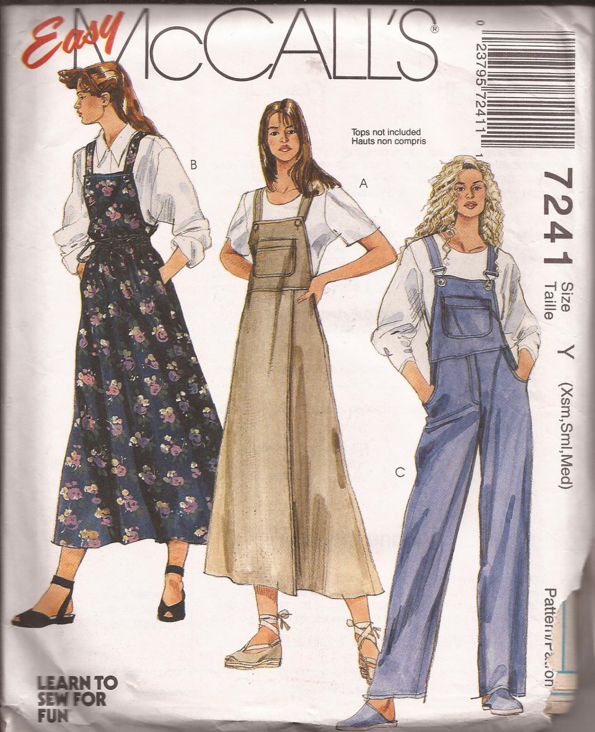 McCalls 7241 (1994) Jumper Dress Overalls Bib Pocket Pattern Size XS S ...