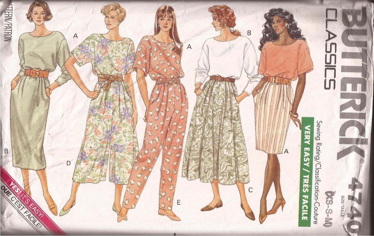 Butterick 4740 1990 Top Tapered Skirt Culottes Pants Elastic Waist Pleats Pattern Part Cut 5146