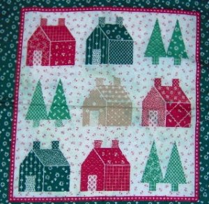 Country Christmas Tree House Quilt Look Pillow Wall Hanging Panel Fabric Set of 2 14"W x 15L"