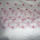 White Cotton Fabric Red Embroidered Flowers Scalloped Vines 46"w