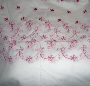 White Cotton Fabric Red Embroidered Flowers Scalloped Vines 46"w