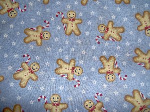 Gingerbread Man Candy Cane Snowflakes Blue Background Fabric 1yd x 44"w