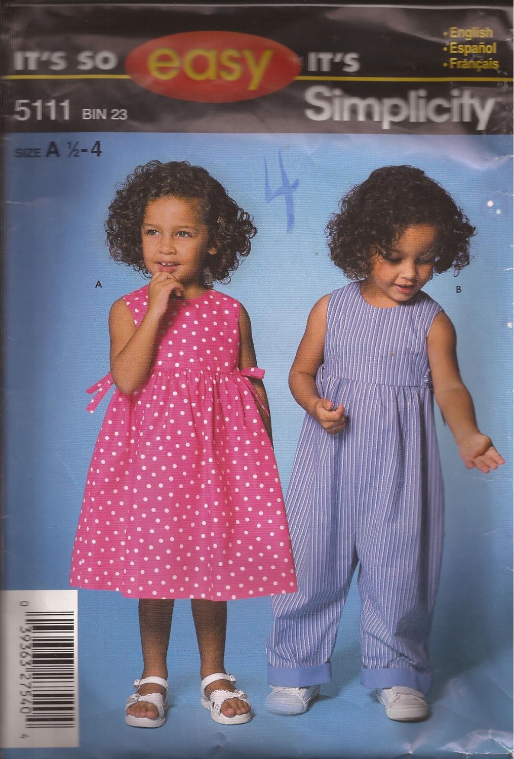 Simplicity 5111 (2004) Toddler Girls Dress Romper Pattern Size 1/2 1 2 3 CUT to 3
