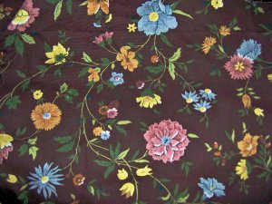 Vintage Home Decor Fabric Blue Rose Yellow Orange Green Floral on Brown