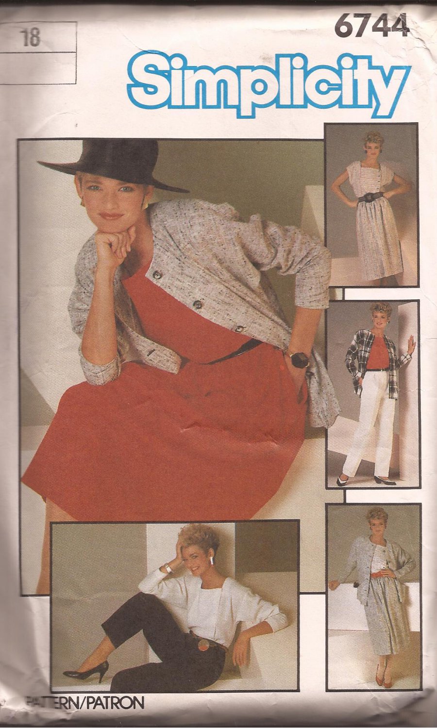 Simplicity 6744 (1984) Front Pleat Pants Skirt Square Neck Top Unlined Jacket Pattern Size 18 UNCUT