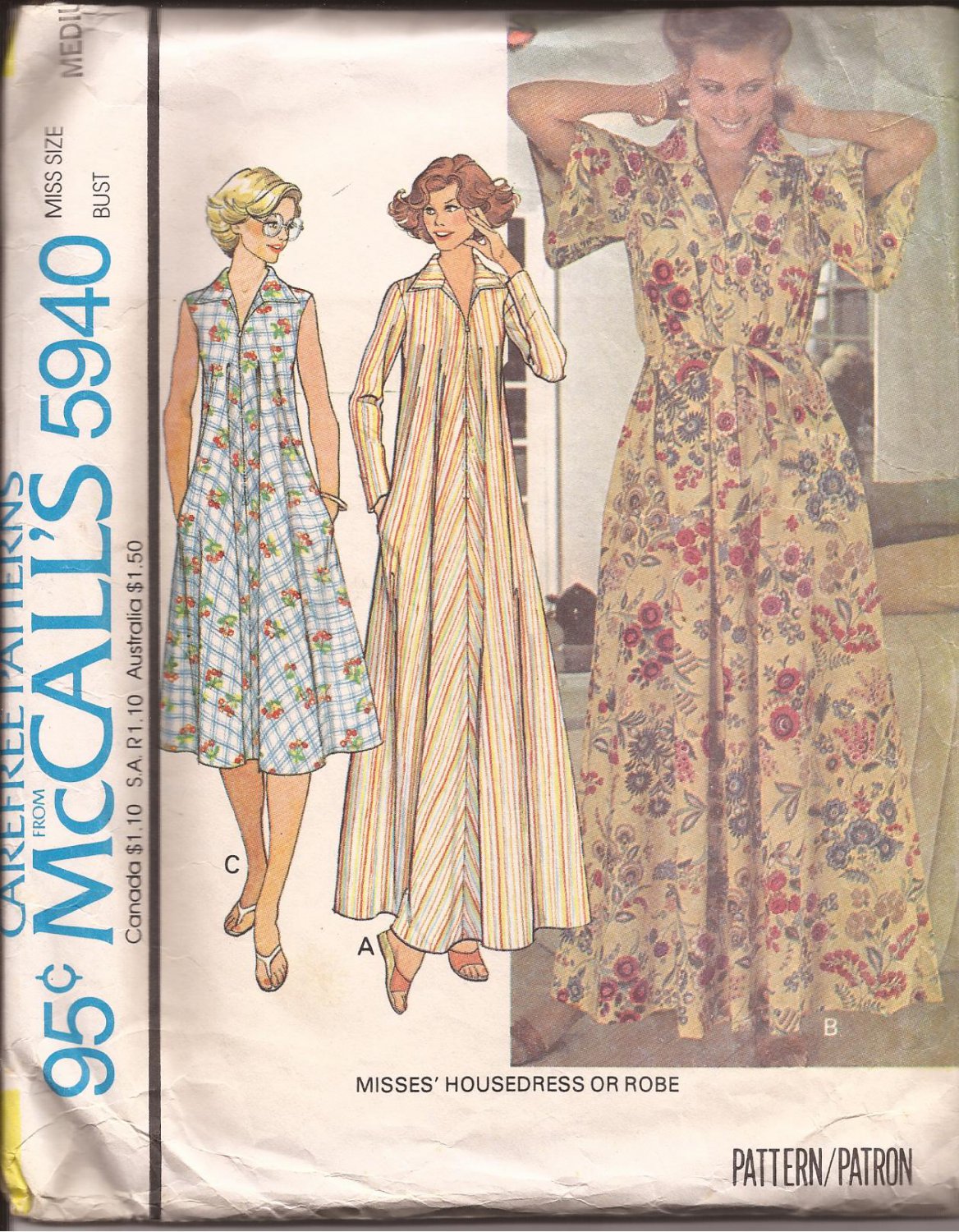 McCalls 5940 (1978) Vintage Zip Front House Dress Robe Pattern Size