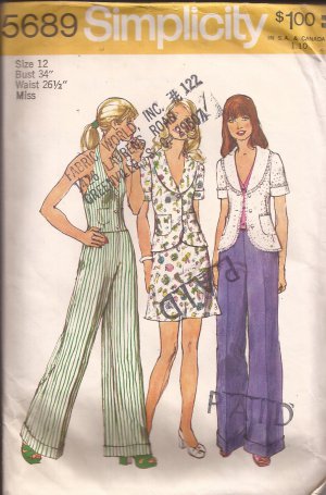 Simplicity 5689 (1973) Vintage Unlined Jacket Halter Mini Skirt Wide Leg Pants Pattern Size 12 UNCUT