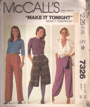 McCalls 7326 (1980) Gathered Waistband Long Skort Harem Pants Pattern ...