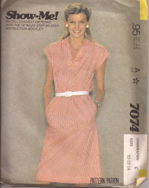 McCalls 7074 Vintage Show Me! Pullover Dress Tie Belt Pattern Sizes 10 12 14 UNCUT