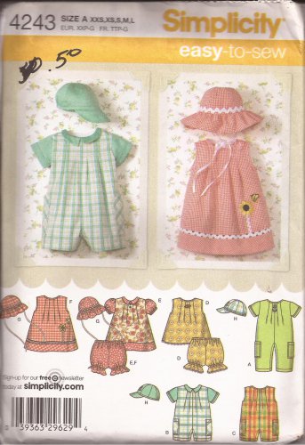 Simplicity 4243 (2006) Infants Romper Dress Top Panties Hats Pattern Size XXS XS S M L UNCUT