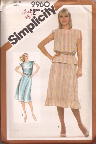 Simplicity 9960 (1981) Pullover Drawstring Shoulder Dress Top Ruffle Skirt Pattern Size 14 UNCUT