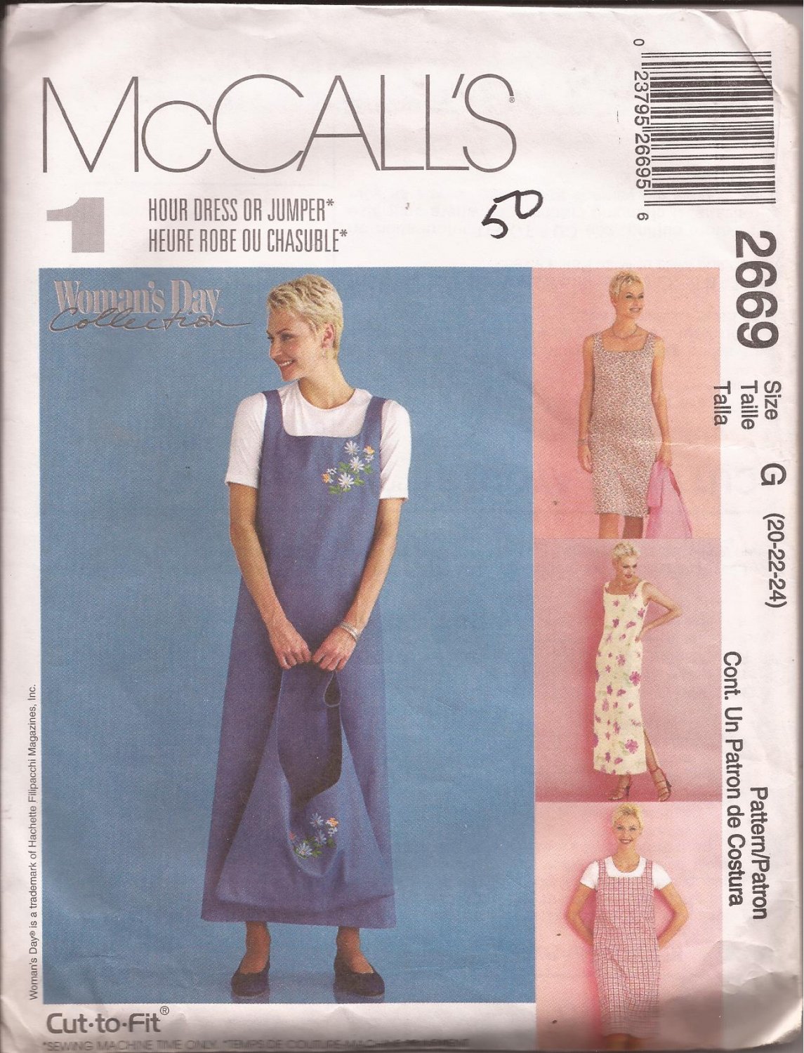 McCalls 2669 (2000) Dress Jumper Tote Bag Pattern Size 20 22 24 UNCUT