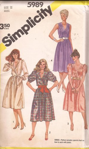 Simplicity 5989 (1983) Pullover Dress Surplice Cross-Over Bodice Pattern Size 12 UNCUT